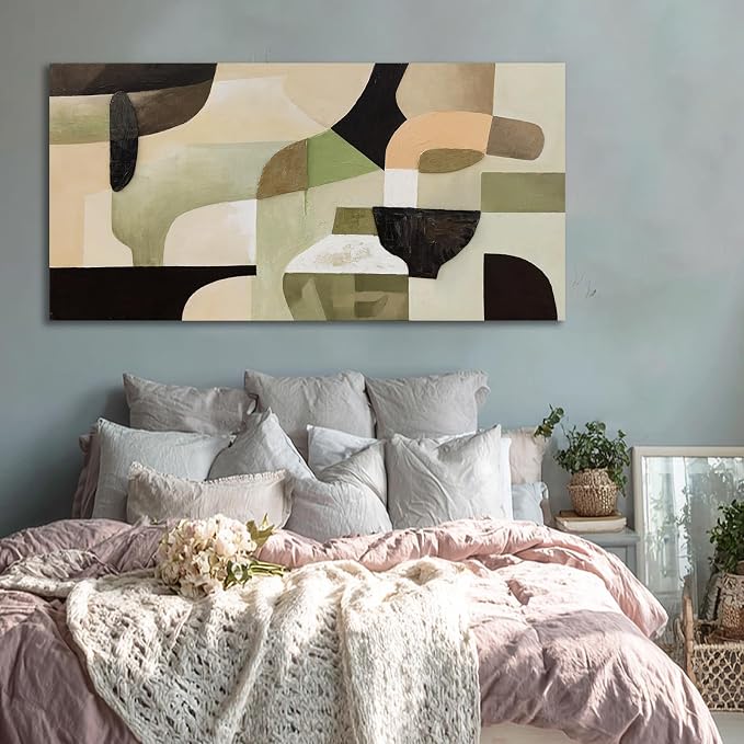 ZUNARE Abstract Green Neutral Bowl-shaped Wall Art Mid Century Inspired Color Block Design Oriental Aesthetics Ceramic vessel form Artwork for Living Room Bedroom Office Decor 29x58 Inch