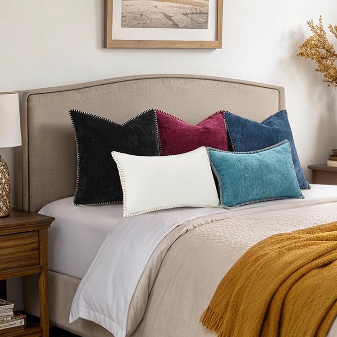 decorUhome Chenille Soft Cozy Throw Pillow Covers 12x20 Set of 2, Modern Farmhouse Boho Velvet Decorative Pillow Cases with Stitched Edge for Couch Sofa Bed Home Decor, Rhododendron
