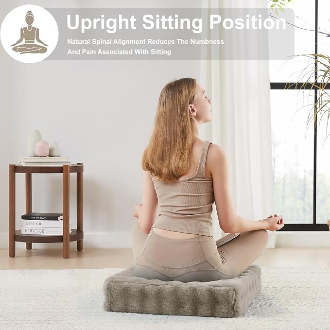JKMAX 22 inches Floor Pillow for Adults - Large Meditation Cushion with Thick Foam & Soft Tufted Cover - Premium Outdoor Square Floor Cushion Seat - Yoga Pillows for Sitting On Floor - Light Taupe