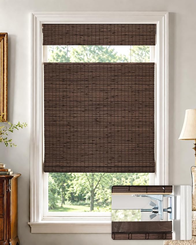 UNISHADES No Drill Cordless Bamboo Roman Shades, 22.5×64 in, Espresso | Room Darkening Top Down Bottom Up Window Blinds for Indoor Windows