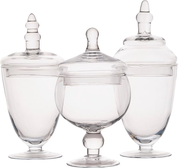 Elements Clear Glass Apothecary Jars with Lids, Set of 3 - Decorative Storage Jars for Home, Kitchen, Bathroom - 10, 9.5, 8.5 Inch Handcrafted Display Jar Set