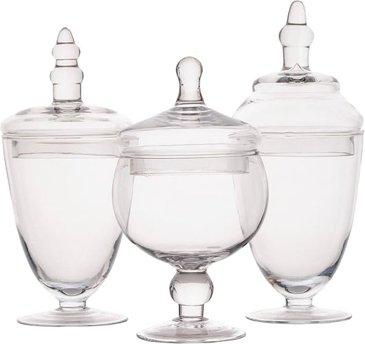 Elements Clear Glass Apothecary Jars with Lids, Set of 3 - Decorative Storage Jars for Home, Kitchen, Bathroom - 10, 9.5, 8.5 Inch Handcrafted Display Jar Set
