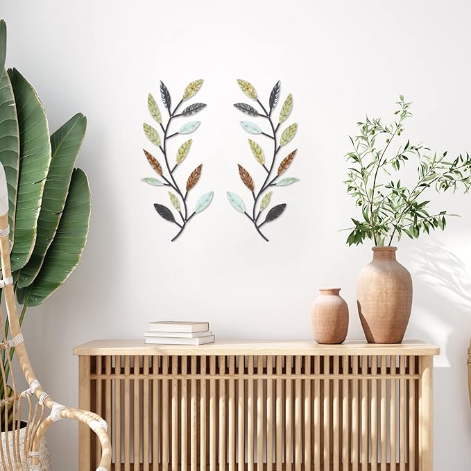 Zhengmy 2 Pieces Metal Tree Leaf Wall Decor Vine Olive Branch Leaf Wall Art Living Room, Hallway Wall Decor Outdoor Decoration(Multi Color)