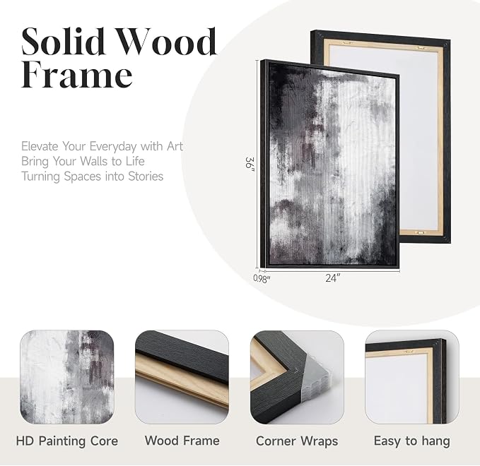 Framed Black and White Abstract Wall Art for Living Room, Large 3 Piece Modern Grey Canvas Artwork for Walls, Minimalist Abstract Prints Pictures Home Office Dining Room Hallway Wall Decor, 24x36 In