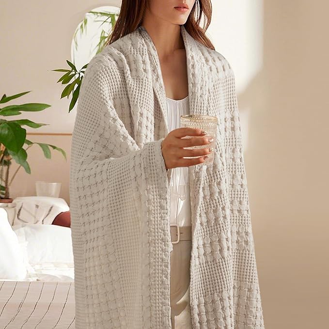 PHF 100% Cotton Waffle Throw Blanket for Couch, Lightweight Breathable and Soft for Summer, Luxury Aesthetic Waffle Weave Blanket for Home Decor & Office, Gifts for Women, 50"x60", Light Taupe/Oatmeal