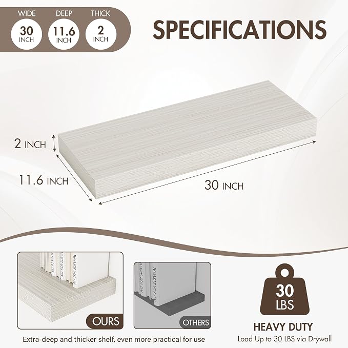 Acovy 30 Inch Floating Shelves, 12" Deep Floating Shelf Wall Mounted, 30" Wall Shelves, Rustic Deep Bookshelf, Extra Deeper & Thicker Display Shelves for Bedroom, Living Room, Gray, Set of 2