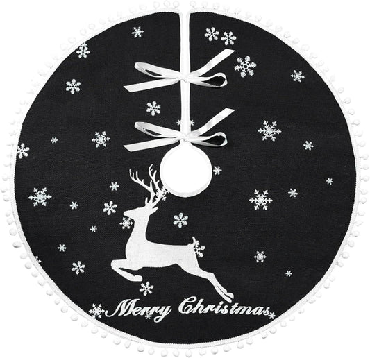 48 Inch Christmas Tree Skirt, Burlap Black Christmas Rustic Tree Skirt with Elk Deer and White Snowflake Printed for Holiday Party Xmas Tree Decoration