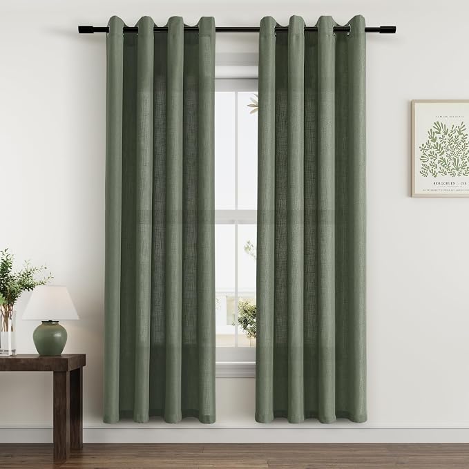 80 Inch Olive Green Linen Curtains for Living Room 2 Panels Semi Sheer Light Filter Linen Drape Boho Farmhouse Floor Length Grommet Forest Green Curtains 80 Inches Long for Bedroom Aesthetic Office