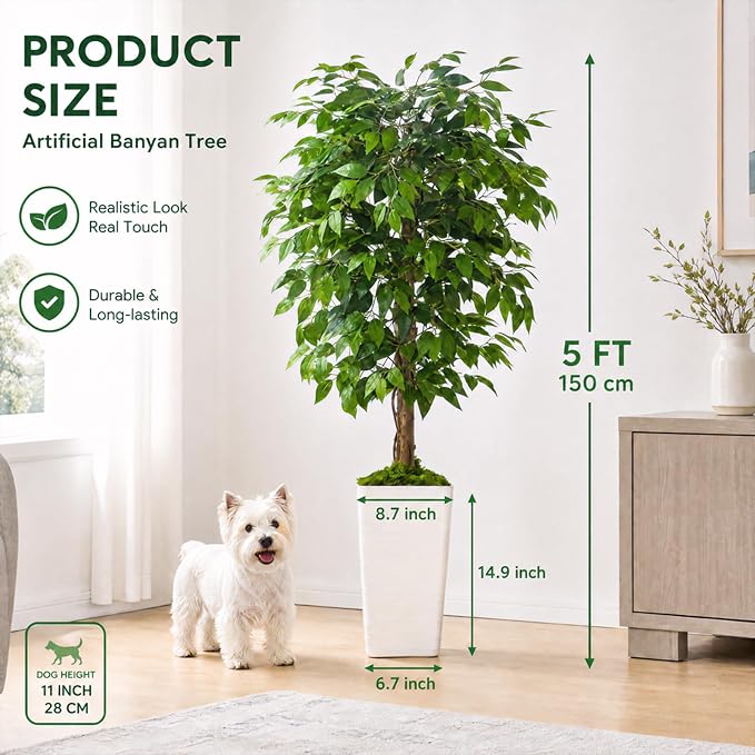 5FT Artificial Ficus Tree, 60 Inch Realistic Faux Silk Ficus Floor Plant with White Planter & Moss, Tall Fake Potted Tree for Indoor Home Office Living Room Corner Decor