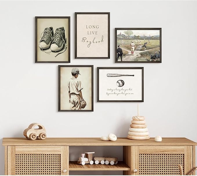 Baseball Nursery Wall Art Decor Vintage Boys Room Canvas Posters Sports Boy Pictures Baseball Vintage Nursery Painting Neutral Sport Kids Room Prints Wall Art for Bedroom 12x16x5 Inch Wood Framed