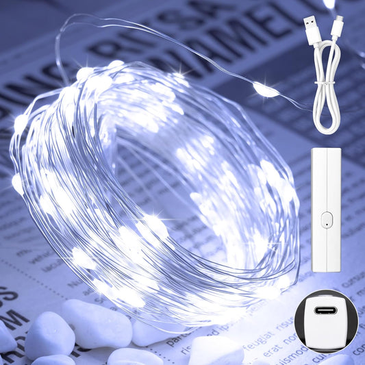 66FT(33 * 2) Rechargeable String Lights Battery Operated, Fairy Lights with Timer, Mini LED Twinkle Lights for Bedroom, Christmas Decorations, Wedding, Vine, Centerpiece Table Decor Cool White