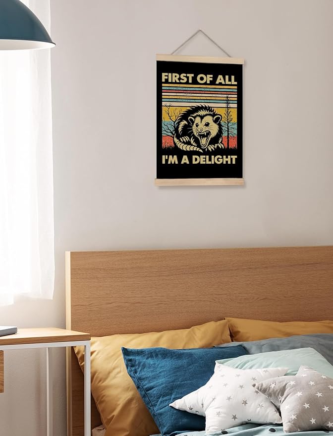 Foritho First of All I'm a Delight Sarcastic Angry Opossum Poster Wall Art Framed, Gifts for Opossum Lovers, 70s Retro Funny Animal Meme Canvas Prints Wall Decor for Home Office, 12x16 Inch