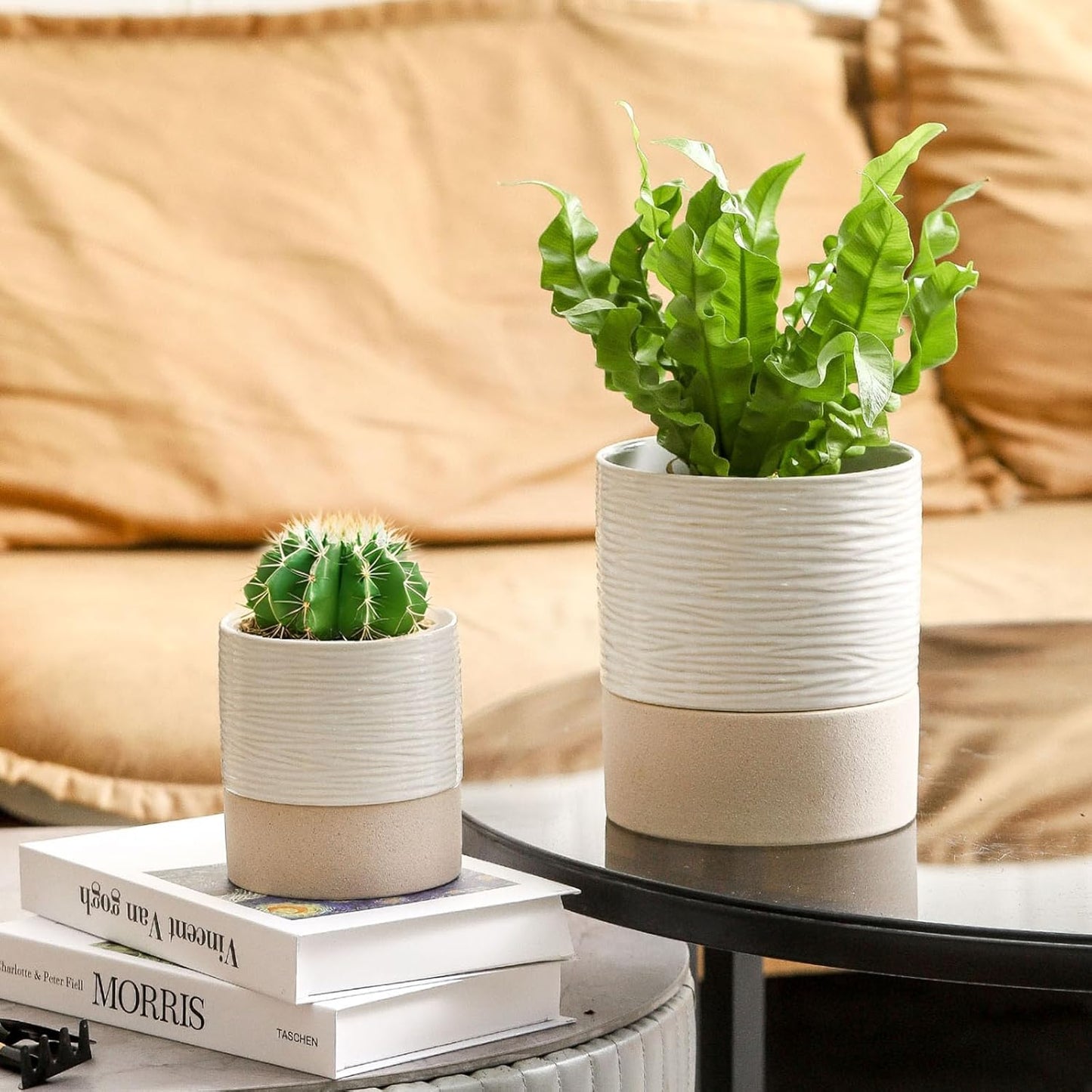 Nihow Self Watering Plant Pot for Indoor Plants: 4.5+6 Inch Ceramic Planter with Drainage Hole & Water Storage Plus - Cylinder Flower Pot with Wick for Herbs -White & Brown