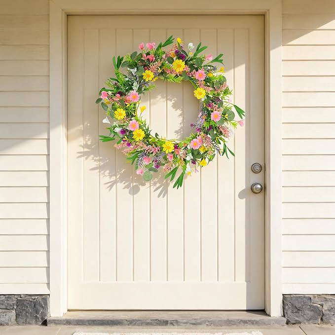 2Pcs 20 Inch Artificial Spring Wreath Handmade Wildflower Daisy Lavender Wreath Colorful Spring Wreath for Front Door Home Wall Porch Farmhouse