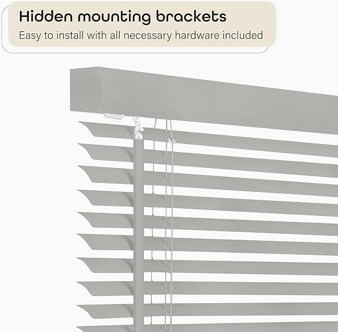 Cordless Light Filtering Mini Blind - 29 Inch Width, 64 Inch Length, 1" Slat Size - Grey - Cordless GII Morningstar Horizontal Windows Blinds for Interior by Achim Home Decor