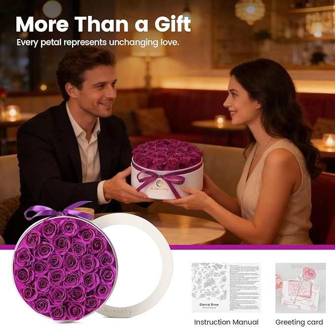 Valentines Day Flowers Roses Gifts for Her,28pcs Purple Forever Preserved Roses in Round Gift Box,Valentines Day Delivery Prime Gifts-Roses Gifts for Women,Mom.