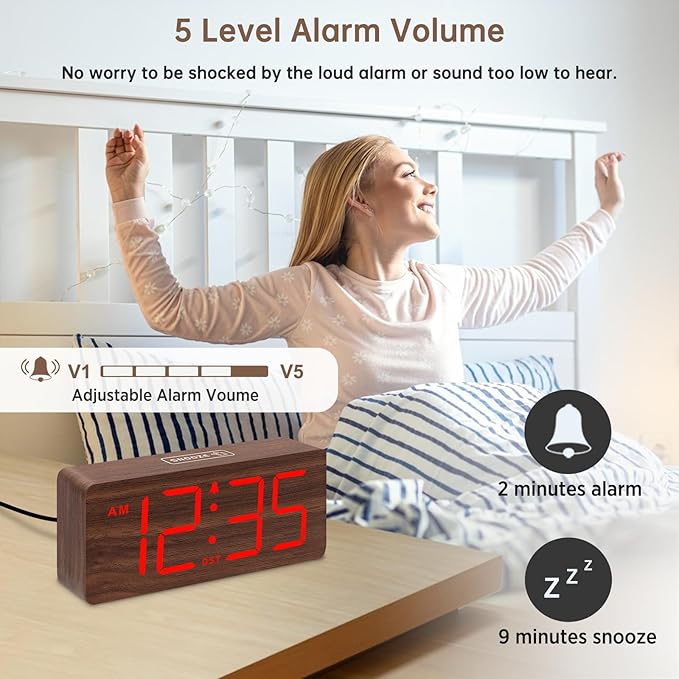 DreamSky Wooden Digital Alarm Clock for Bedroom - Desk Clocks with Large Numbers for Living Room, Office, Dimmer, Loud Alarm for Heavy Sleepers with Volume Control, DST, Wood Decor (Plug in Clock)