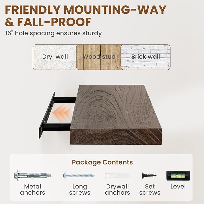 Fun Memories Wood Floating Shelves 36 Inch Long, Solid Elm Wood Wall Shelves Set of 2 for Kitchen, Living Room, Bedroom, Wall-Mounted Rustic Wooden Bathroom Shelf Storage Shelf for Farmhouse, Walnut