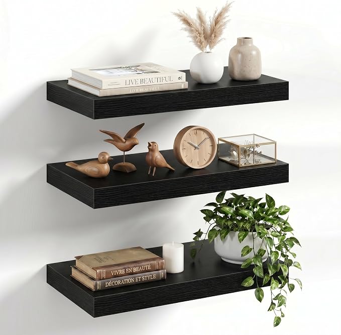 16" Floating Shelves for Wall, Set of 3, 8" Deep, 1.5" Thick, Black | Rustic Wood Wall Shelves with Invisible Brackets, Storage and Display for Bathroom, Bedroom, Living Room or Kitchen