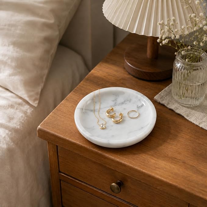 Small Natural Marble Jewelry Tray Key Plate Holder Dish Trinket Decor Catch All Bowl for Ring Earring Stone Gift for Women Daugther,Bianco Carrara White,5.5"
