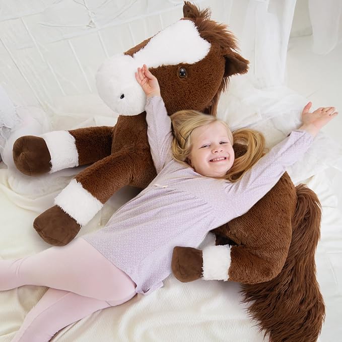 Tezituor 47 Inch Giant Realistic Horse Stuffed Animals, Hugging Soft 4ft Stuffed Horse Plush Body Pillow for Sleeping, Large Chocolate Stuffed Pony Farm Toy Birthday Party Decor for Girlfriend
