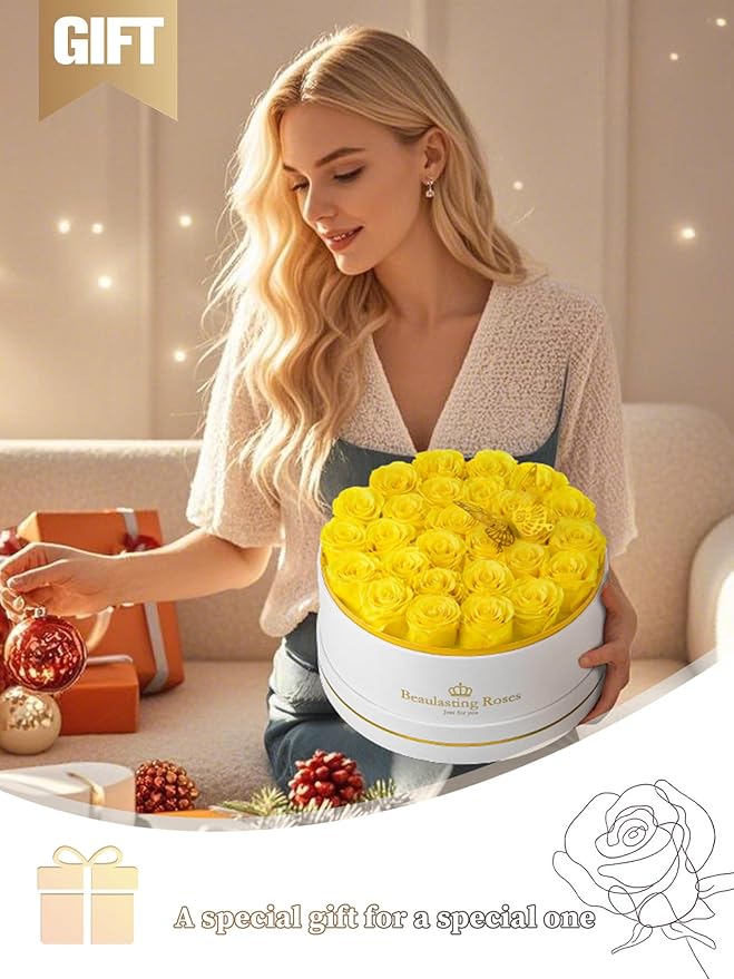 27 Preserved Roses Forever Flowers Real Roses in a Box Mother's Day Birthday Flowers for Her Mom Women Wife Valentine's Day, Yellow Roses