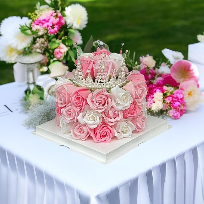 EIGHTOWN Forever Cake with Pink Preserved Flowers - Bouquet Preserved Roses for Women - Birthday Gift for Her with Crown (Pink)
