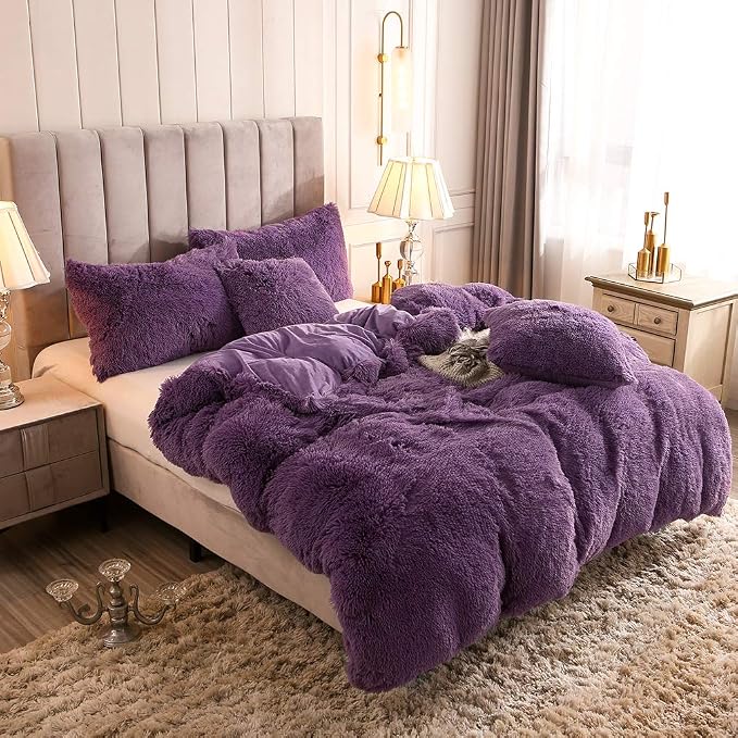 Faux Fur Velvet Fluffy Bedding Duvet Cover Set Down Comforter Quilt Cover with Pillow Shams, Ultra Soft Warm (Queen, Purple)