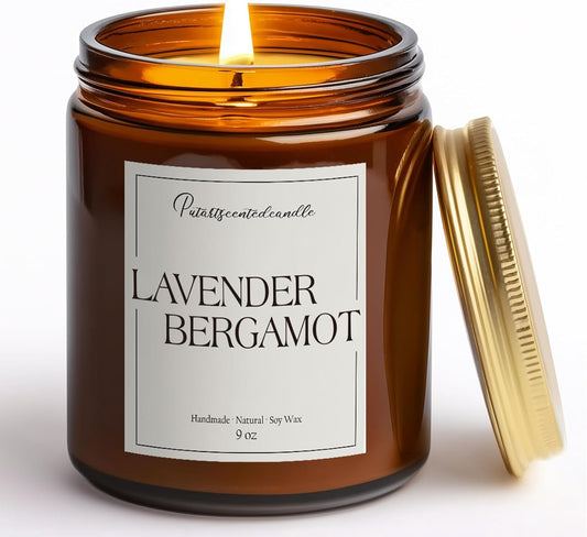 Lavender & Bergamot Scented Candles for Home, Natural Soy Wax Aromatherapy Non Toxic Candle Gifts for Women Men, Home Fragrance Decoration Glass Jar Candle for Meditation and Relaxation (9oz