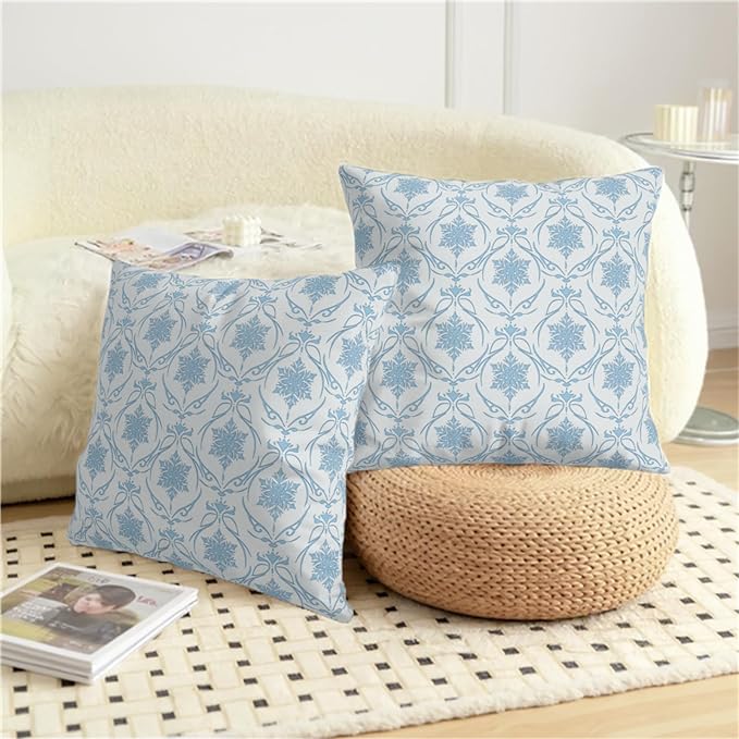 Winter Snowflakes Pillow Covers Blue Block Print Throw Pillow Covers Vintage Neutral Pillowcase 16x16 Set of 2 Elegant French Cushion Case for Living Room Couch Sofa