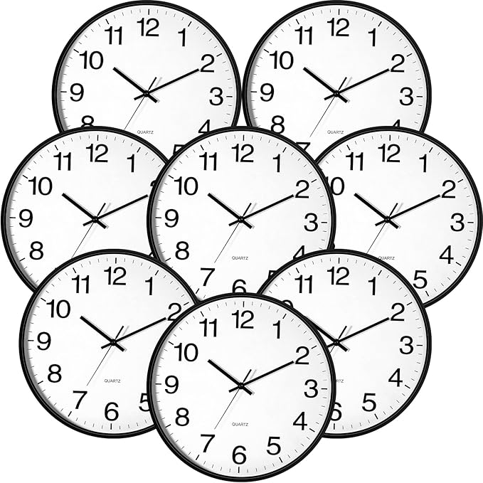 Inbagi 8 Pcs Wall Clock Large Silent Battery Operated Wall Clocks Modern Non Ticking Clocks Bulk Decorative for Kitchen Office Living Room Home Bathroom Bedroom Classroom (Black,14 Inch)