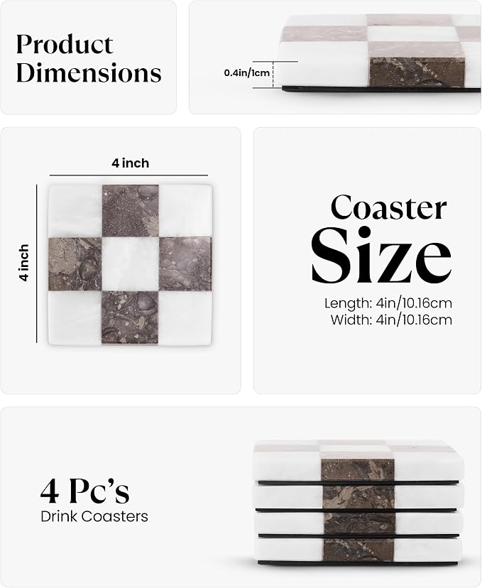 Marble Coasters Set of 4, White & Oceanic Handmade 4 inch Stone Coaster, Square Drink Checkered Coasters for Coffee Table, Stylish Bar Accessories & Modern Home Décor