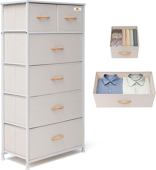 Fabric Dresser for Bedroom, Tall Skinny Dresser with 6 Drawers, Storage Organizer Tower, Steel Frame Wooden Top for Closet, Living Room, Hallway(Beige)