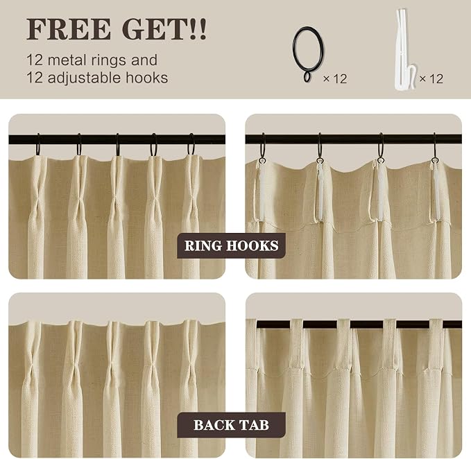Pinch Pleated Extra Wide Linen Curtains 102 Inch Long for Sliding Glass Door, Grey Beige Light Filtering Curtain Textured Semi-Sheer Pleat Drapes with Hooks 60 Inch Width for Living Room Farmhouse
