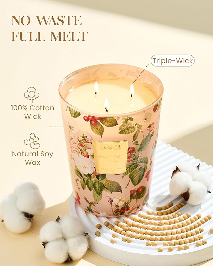 M&SENSE Strawberry Vanilla Soy Candle, 35oz 3-Wick, Sweet Love for Her | 150H Slow Burn, Non-Toxic, Large Jar, Bedroom Date Night, Romance, Stress Relief, Relaxation, Fancy Gifts for Women