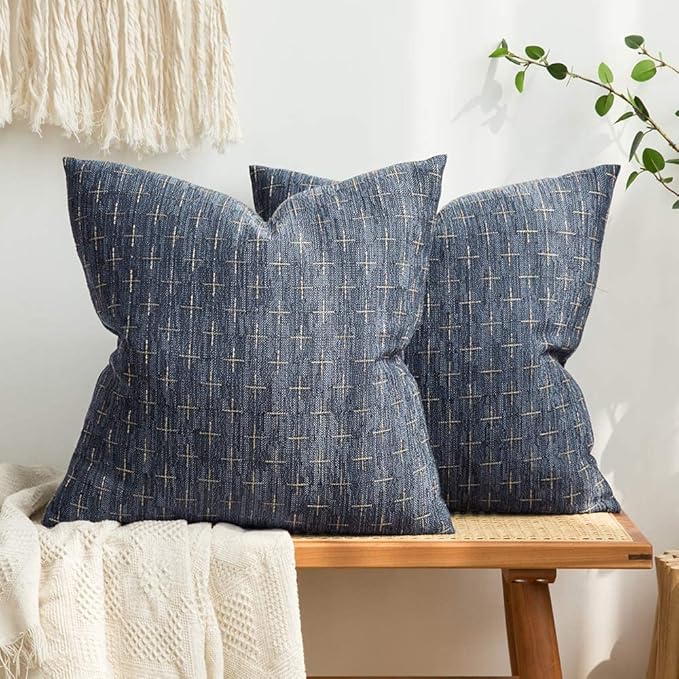 MIULEE Pack of 2 Decorative Burlap Linen Throw Pillow Covers Modern Farmhouse Pillowcases Rustic Woven Textured Cushion Cover for Sofa Couch Bed 16x16 Inch Blue