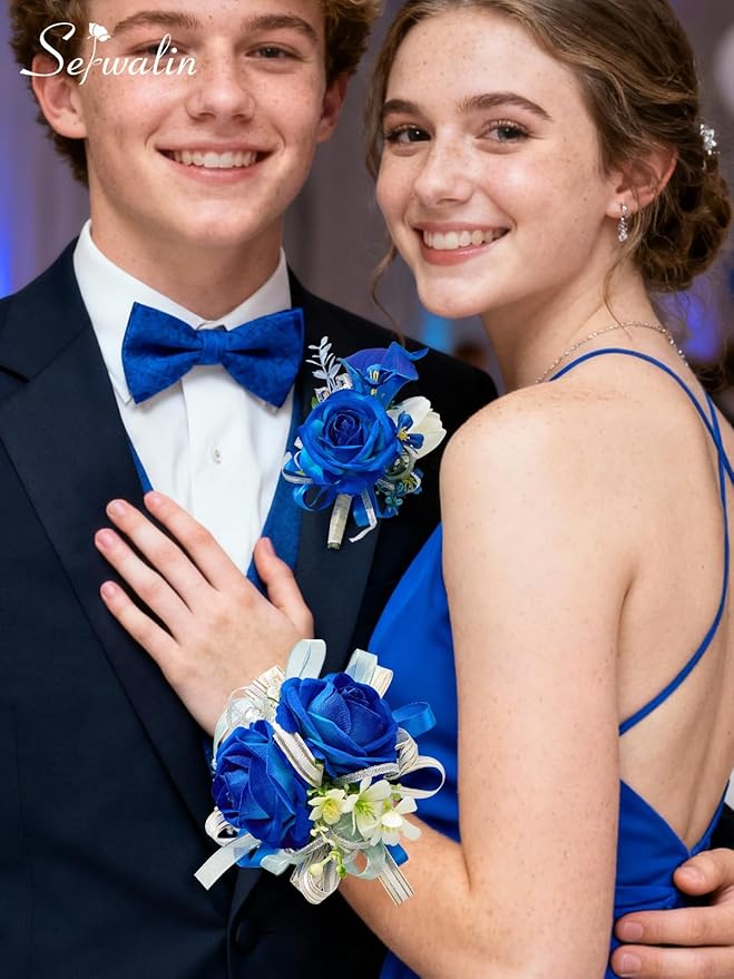 Serwalin Blue Prom Corsage and Boutonniere Set, Artificial Calla Lily & Rose Wrist Corsage Wristlet for Homecoming, Formal Dance, Wedding Flowers Accessories Party Suit Decorations