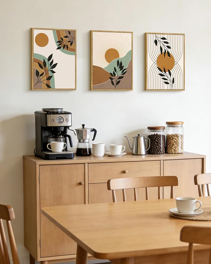 PHOPAGO Boho Abstract Wall Art Botanical Mid Century Modern Framed Wall Printing Neutral Geometric Prints Bohemain Sage Decor for Farmhouse Kitchen - 11x14in Natural Framed