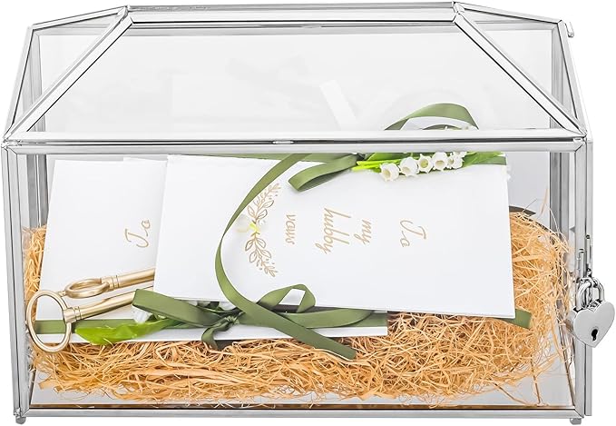 NCYP 12.6" x 5.9" x 9" Wedding Glass Cards Box with Slot and Lock, Thanks Card Holder for Keepsake, Envelops, Reception, Decorative, Silver (Glass Box Only) Slot Length 7.3 Inches