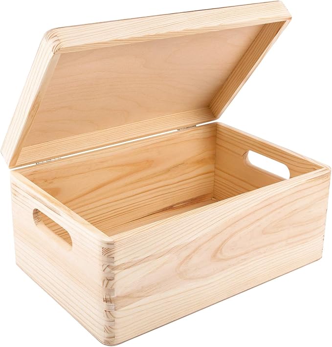 Creative Deco Personalized Wooden Storage Box | 11.8x7.87x5.51in (+-0.5) | Hinged Lid Handles Engraving | Personalised Text + Photo | Unpainted Gift Box | ROUGH UNSANDED Keepsake Memory Souvenir Chest