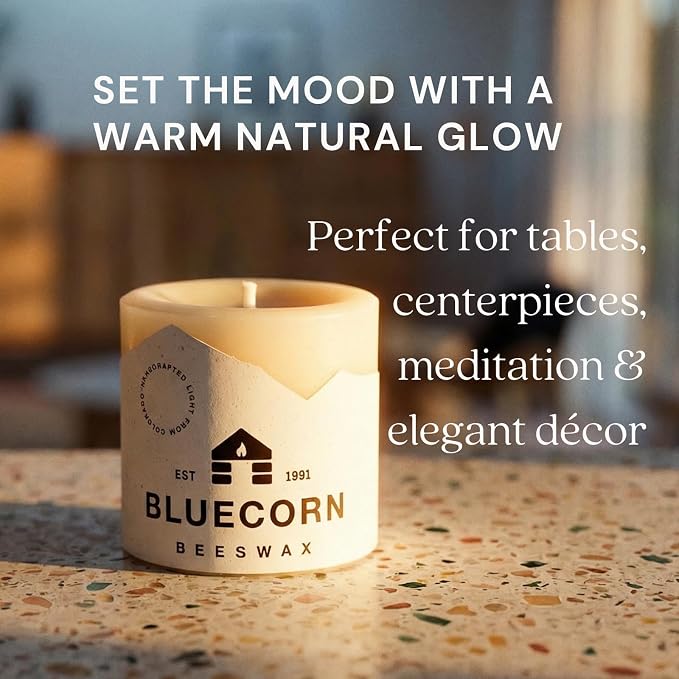 Bluecorn Beeswax 100% Pure Beeswax Pillar Candles, Ivory White, 3x3 | 6 Pack, Non Toxic, Unscented, Cotton Wick, 50 Hr Long Burning