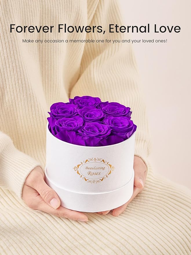 Beaulasting Long Lasting Preserved Roses in a Box Last a Year Forever Flowers for Her Mom Wife Anniversary Birthday (Round White Box, Purple)