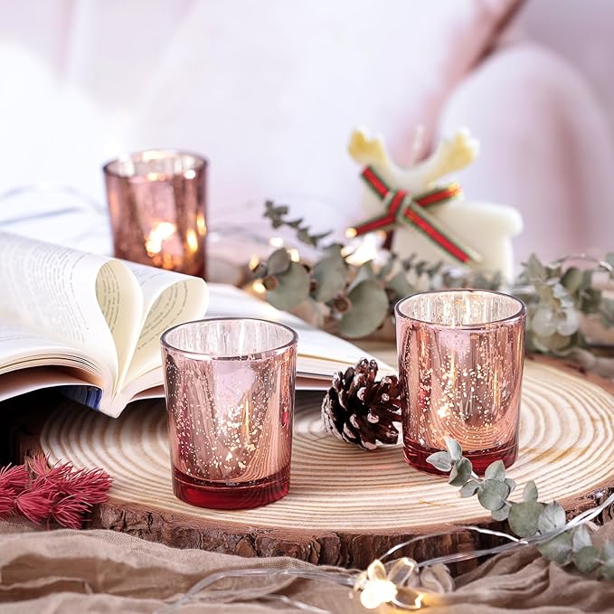 Volens Rose Gold Votive Candle Holders Set of 12, Mercury Glass Tealight Candle Holder Bulk for Wedding Decor and Home Decor