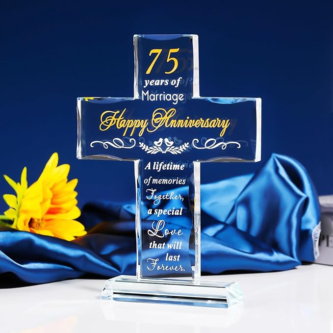 YWHL 75th Anniversary Cross Gifts for Parents Grandparents, Laser Carved 75 Years of Marriage Cross Decoration, 75 Years Wedding Anniversary Keepsake for Couple