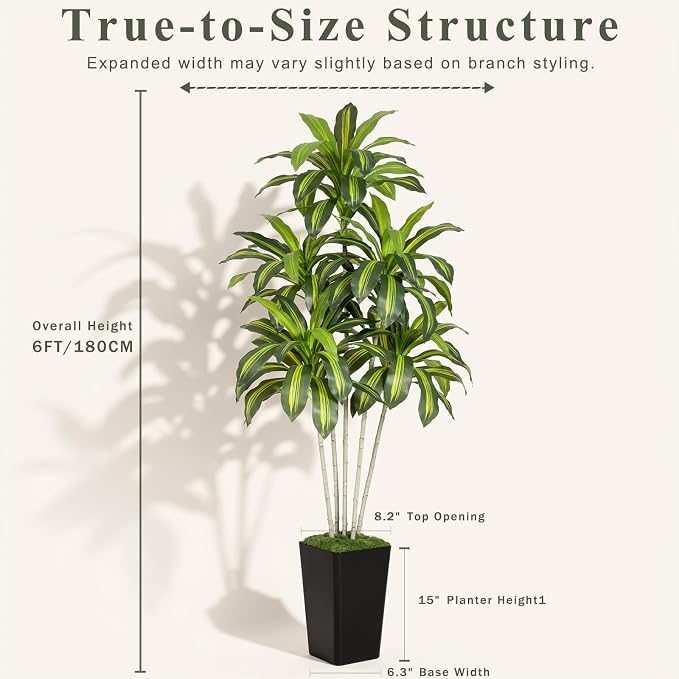 Dracaena Plant Artificial Tree 6Ft Tall Fake Tropical Floor Plants Potted (Real Touch) Artificial Silk Tree Leaf Faux Trees Black Tall Planter for Home Office Living Room Indoor Outdoor Decor