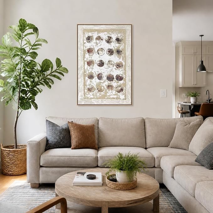 SAFERRYHOME Abstract Textured Hand Painted Wall Art, 24"x36" Framed | Large Terracotta Neutral Minimalist Framed Wall Decor, Modern Geometric Circle Painting Artwork for Home Office Living Room
