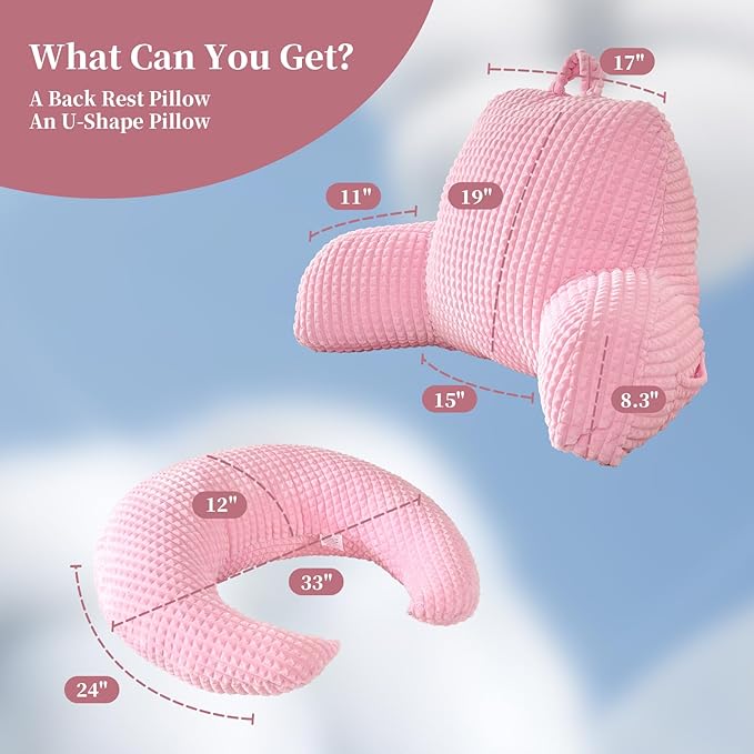 17" Reading Pillow for Bed,U Shaped Arm & Elbow Support,Pink Flannel | Backrest Supports Back,U shaped Lap Pillow Cushions Arms,Elbows & Wrists,Soft Flannel for Reading,Gaming,Watching TV
