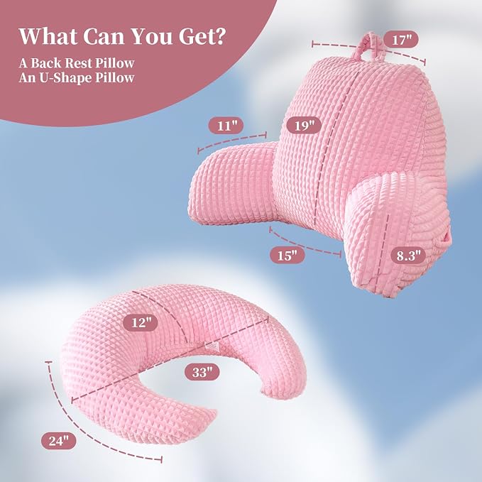 19" Reading Pillow for Bed,U Shaped Arm & Elbow Support,Pink Flannel | Backrest Supports Back,U shaped Lap Pillow Cushions Arms,Elbows & Wrists,Soft Flannel for Reading,Gaming,Watching TV