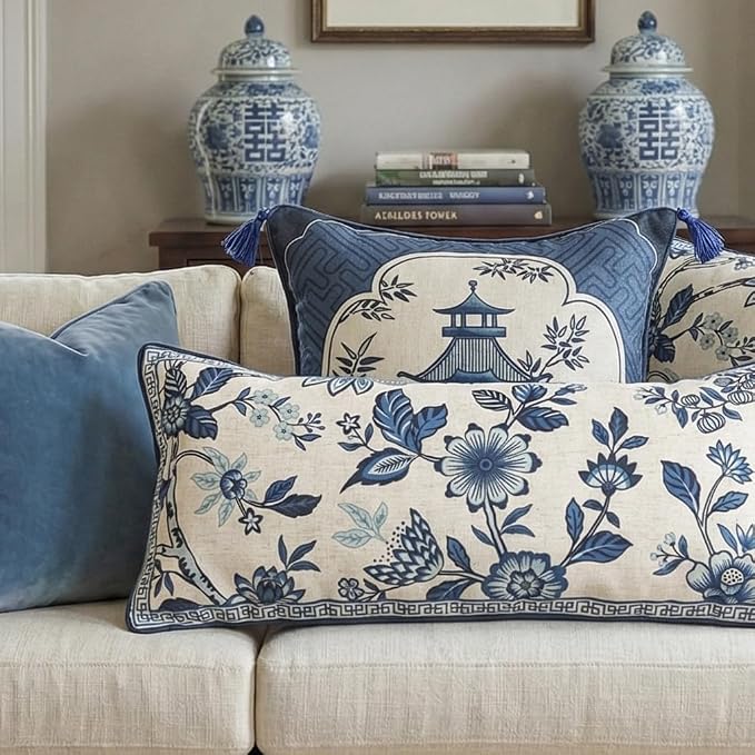 bilin gaier Designer Linen Throw Pillow Covers,28"x12" Set of 2-Suqing A | Vintage Elegant Rectangular Pillow Cover,Concealed Zipper,Blue Floral Pattern,Sofas,Bedroom,Living Room,Lounge Chairs