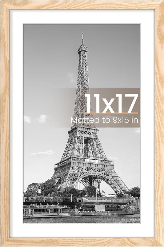 upsimples 11x17 Picture Frame, Display Pictures 9x15 with Mat or 11 x 17 Without, Wall Hanging Poster Frames, Natural, 1 Pack